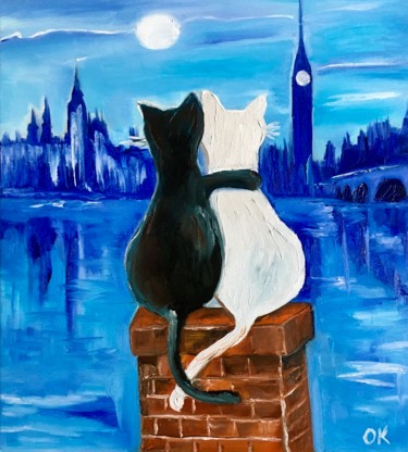 Painting titled "Cats in London  Par…" by Olga Koval, Original Artwork, Oil Mounted on Wood Stretcher frame