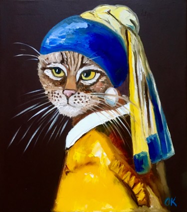 Painting titled "Cat with the pearl…" by Olga Koval, Original Artwork, Oil Mounted on Wood Stretcher frame
