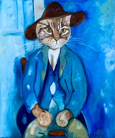 Painting titled "Cat A Little Peasan…" by Olga Koval, Original Artwork, Oil Mounted on Wood Stretcher frame