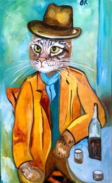 Schilderij getiteld "Troy The Cat With W…" door Olga Koval, Origineel Kunstwerk, Olie Gemonteerd op Frame voor houten branca…