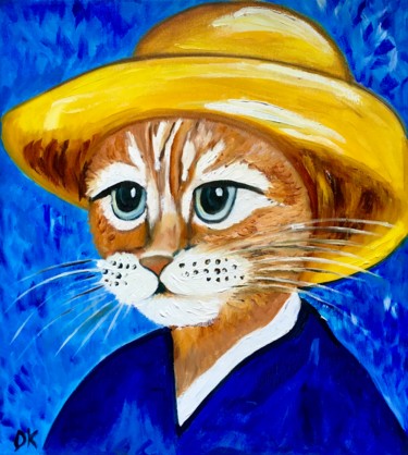 Painting titled "CUTE CAT LA VINCENT…" by Olga Koval, Original Artwork, Oil Mounted on Wood Stretcher frame