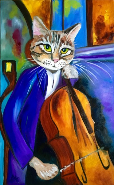 Painting titled "Troy cellist inspir…" by Olga Koval, Original Artwork, Oil Mounted on Wood Stretcher frame