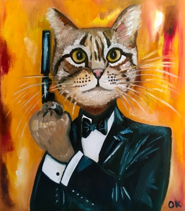 Painting titled "Troy The Cat James…" by Olga Koval, Original Artwork, Oil Mounted on Wood Stretcher frame