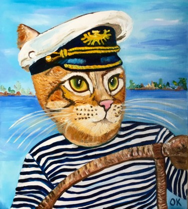 Peinture intitulée "Troy The cat Captain" par Olga Koval, Œuvre d'art originale, Huile Monté sur Châssis en bois