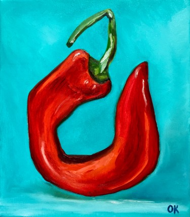 Painting titled "Red Hot Chilli Pepp…" by Olga Koval, Original Artwork, Oil Mounted on Wood Stretcher frame