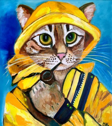 Painting titled "Troy The Cat Fisher…" by Olga Koval, Original Artwork, Oil Mounted on Wood Stretcher frame