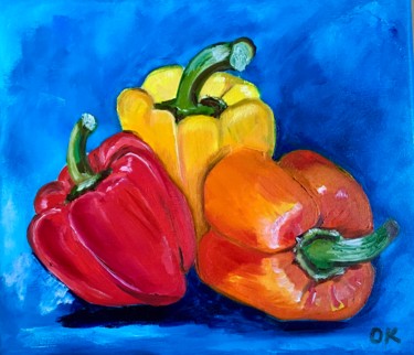 Painting titled "Three peppers on tu…" by Olga Koval, Original Artwork, Oil Mounted on Wood Stretcher frame