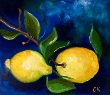 Pittura intitolato "Lemons, still life…" da Olga Koval, Opera d'arte originale, Olio Montato su Telaio per barella in legno