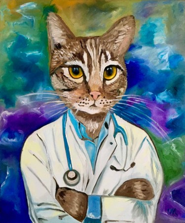 Painting titled "Doctor Cat Troy art…" by Olga Koval, Original Artwork, Oil Mounted on Wood Stretcher frame