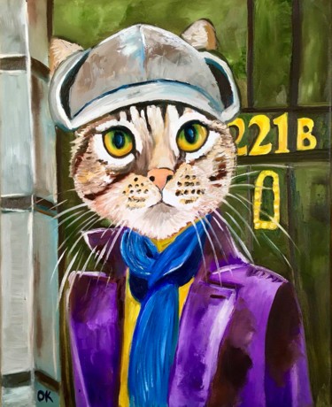 Painting titled "Troy The Cat portra…" by Olga Koval, Original Artwork, Oil Mounted on Wood Stretcher frame