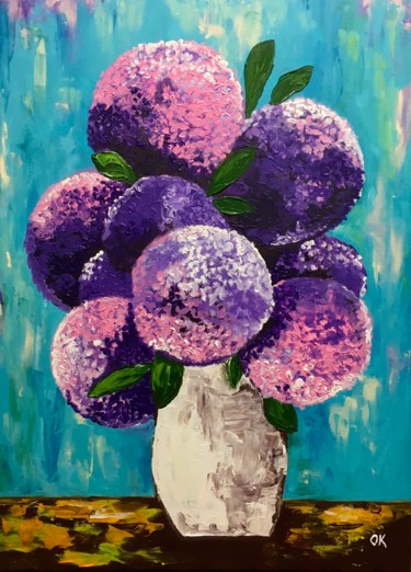 Painting titled "BOUQUET OF PURPLE A…" by Olga Koval, Original Artwork, Acrylic Mounted on Wood Stretcher frame