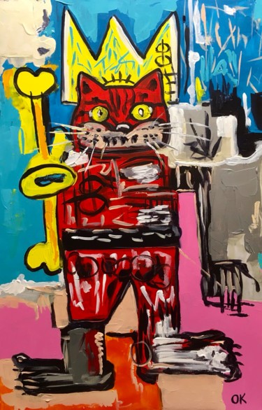 Painting titled "KING CCAT TROY IN A…" by Olga Koval, Original Artwork, Acrylic Mounted on Wood Stretcher frame