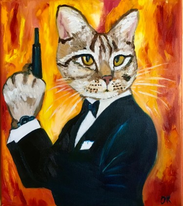 Painting titled "Cat James Bong agen…" by Olga Koval, Original Artwork, Oil Mounted on Wood Stretcher frame