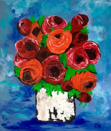 Painting titled "Bouquet of red and…" by Olga Koval, Original Artwork, Acrylic Mounted on Wood Stretcher frame