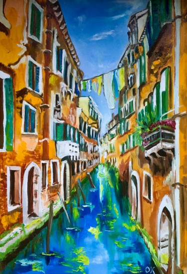 Painting titled "Venice, Summer , su…" by Olga Koval, Original Artwork, Oil Mounted on Wood Stretcher frame