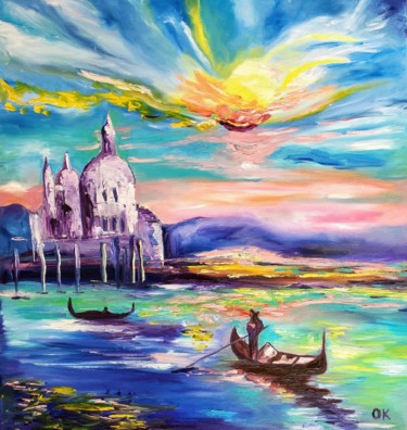 Painting titled "Sunrise  in Venice,…" by Olga Koval, Original Artwork, Oil Mounted on Wood Stretcher frame