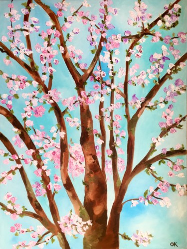 Painting titled "Apple blossom in Lo…" by Olga Koval, Original Artwork, Oil Mounted on Wood Stretcher frame