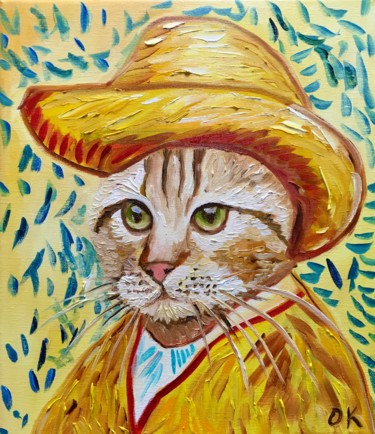 Painting titled "Cat in a straw hat…" by Olga Koval, Original Artwork, Oil Mounted on Wood Stretcher frame