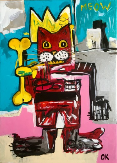 Painting titled "KING RED CAT TROY I…" by Olga Koval, Original Artwork, Acrylic Mounted on Wood Stretcher frame