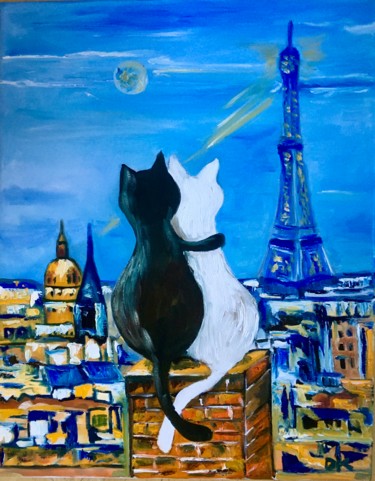 Painting titled "Cats in Paris, roma…" by Olga Koval, Original Artwork, Oil Mounted on Wood Stretcher frame