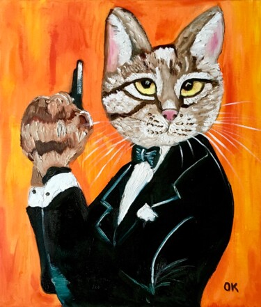 Painting titled "Troy The Cat James…" by Olga Koval, Original Artwork, Oil Mounted on Wood Stretcher frame