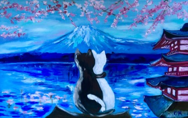 Painting titled "CATS IN JAPAN TRAVE…" by Olga Koval, Original Artwork, Oil Mounted on Wood Stretcher frame