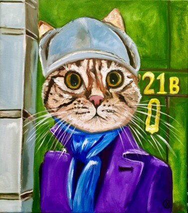 Painting titled "TROY THE CAT- SHERL…" by Olga Koval, Original Artwork, Oil Mounted on Wood Stretcher frame