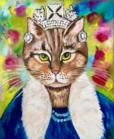 Painting titled "Cat La Queen, inspi…" by Olga Koval, Original Artwork, Oil Mounted on Wood Stretcher frame