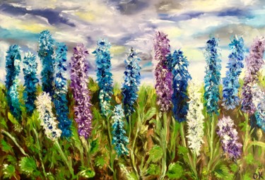 Painting titled "Delphiniums in Rege…" by Olga Koval, Original Artwork, Oil Mounted on Wood Stretcher frame