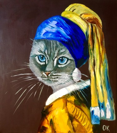 Painting titled "British blue Cat wi…" by Olga Koval, Original Artwork, Oil Mounted on Wood Stretcher frame