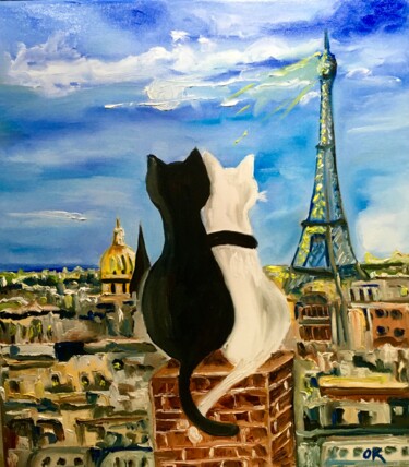 Painting titled "Cats in Paris" by Olga Koval, Original Artwork, Oil Mounted on Wood Stretcher frame