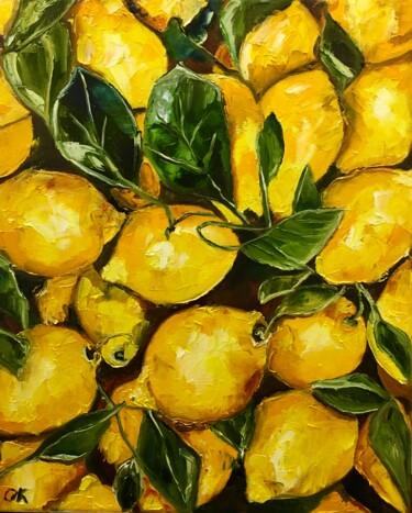 Pintura intitulada "Lemons, botanical s…" por Olga Koval, Obras de arte originais, Óleo Montado em Armação em madeira