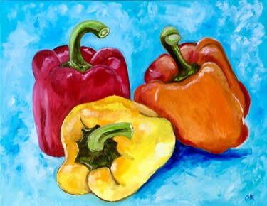 Painting titled "Peppers, still life…" by Olga Koval, Original Artwork, Oil Mounted on Wood Stretcher frame