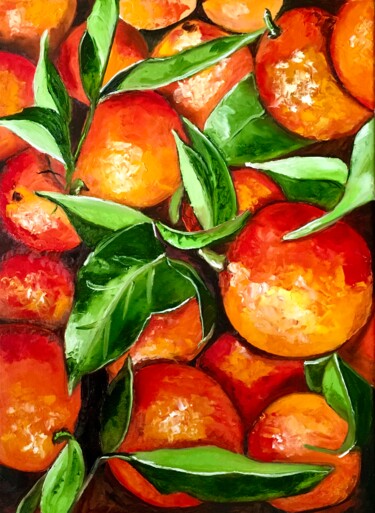 Painting titled "Red oranges, tree,…" by Olga Koval, Original Artwork, Oil Mounted on Wood Stretcher frame