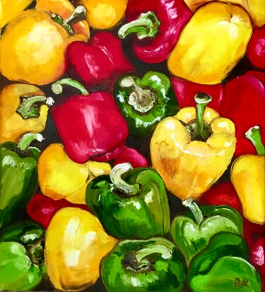 Painting titled "Peppers botanical s…" by Olga Koval, Original Artwork, Oil Mounted on Wood Stretcher frame