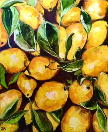 Painting titled "Lemons, botanical s…" by Olga Koval, Original Artwork, Oil Mounted on Wood Stretcher frame