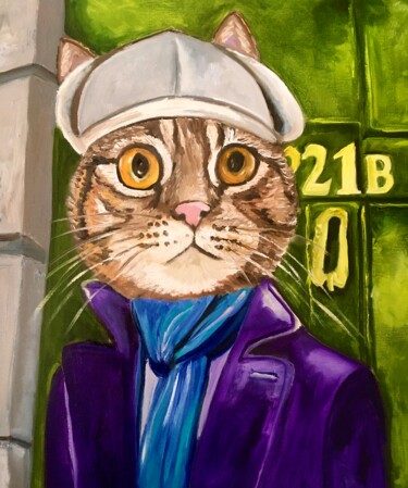 Painting titled "Cat Sherlock Holmes…" by Olga Koval, Original Artwork, Oil Mounted on Wood Stretcher frame