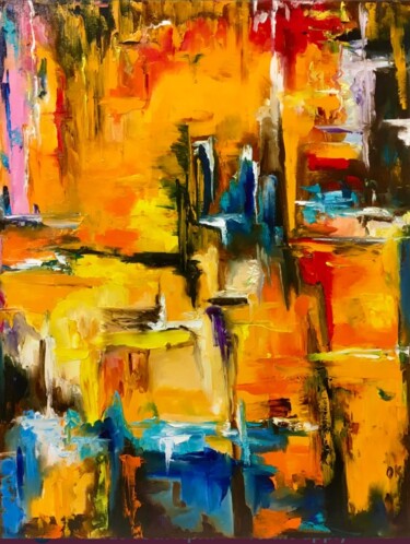 Painting titled "Abstract city, suns…" by Olga Koval, Original Artwork, Oil Mounted on Wood Stretcher frame