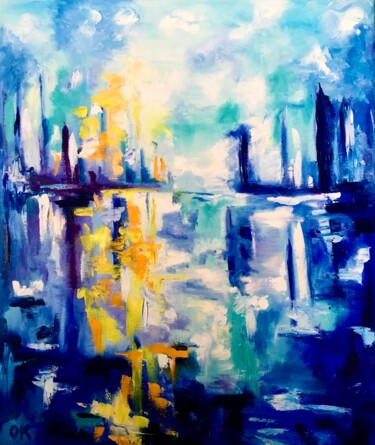 Painting titled "Abstract Blue Citys…" by Olga Koval, Original Artwork, Oil Mounted on Wood Stretcher frame