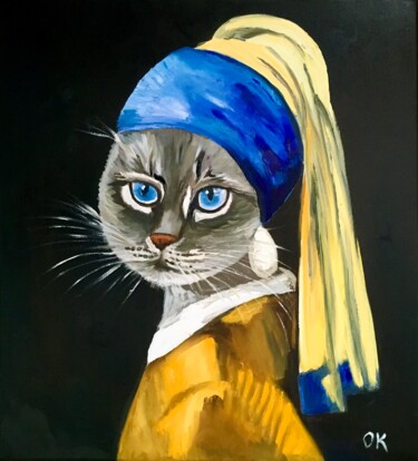 Painting titled "British blue cat in…" by Olga Koval, Original Artwork, Oil Mounted on Wood Stretcher frame