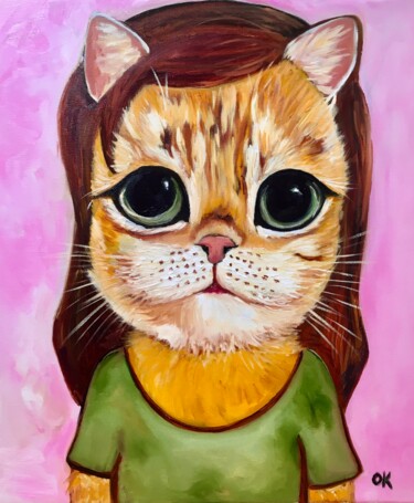 Painting titled "Cute Cat inspired b…" by Olga Koval, Original Artwork, Oil Mounted on Wood Stretcher frame