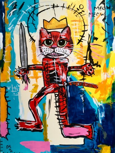 Painting titled "Red Warrior Cat ins…" by Olga Koval, Original Artwork, Acrylic Mounted on Wood Stretcher frame