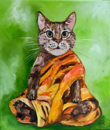 Painting titled "Cat Buddhist" by Olga Koval, Original Artwork, Oil Mounted on Wood Stretcher frame