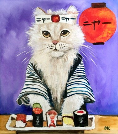 Painting titled "Cat Sushi Maker" by Olga Koval, Original Artwork, Oil Mounted on Wood Stretcher frame