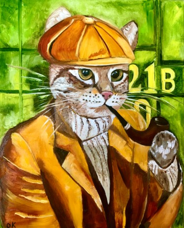 Painting titled "Cat Sherlock Holmes…" by Olga Koval, Original Artwork, Oil Mounted on Wood Stretcher frame