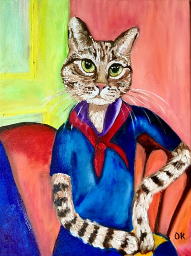 Painting titled "Modigliani Cat insp…" by Olga Koval, Original Artwork, Oil Mounted on Wood Stretcher frame