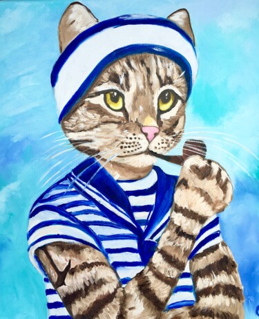 Painting titled "Cat Sailor smoking…" by Olga Koval, Original Artwork, Oil Mounted on Wood Stretcher frame