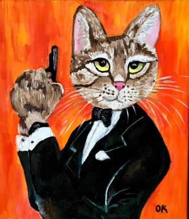 Painting titled "CAT JAMES BOND 007,…" by Olga Koval, Original Artwork, Oil Mounted on Wood Stretcher frame