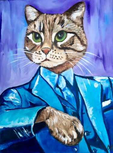 Painting titled "Cat of Wall Street.…" by Olga Koval, Original Artwork, Oil Mounted on Wood Stretcher frame