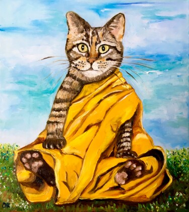Painting titled "BUDDHIST CAT BRINGI…" by Olga Koval, Original Artwork, Oil